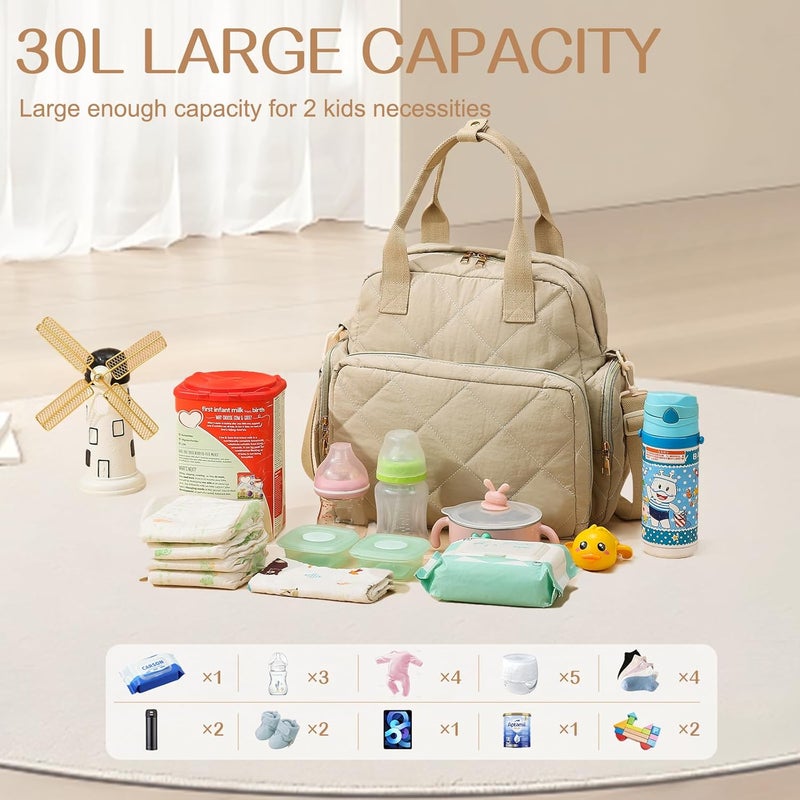 Mozzilog Large Diaper Bags with Changing Pad, 6 in 1 Travel Diapers Backpack, Baby Bag for Mom Quilted Mommy Daipering, Hospital Bag for Women Labor Delivery Maternity Tote (Light Khaki) - Image 3